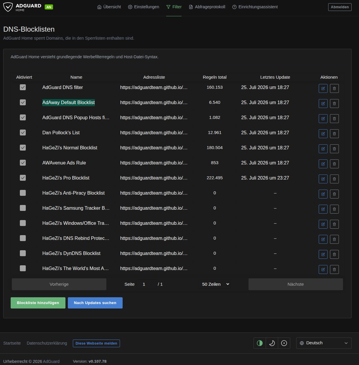Blocklisten-Verwaltung unter Filter → DNS-Sperrlisten